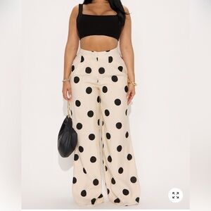 High-Waist Wide-Leg Polka Dot Pants - Cream/Black
